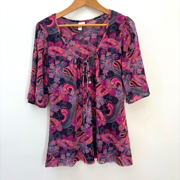 Anthropologie Daisy & Clover Mesh Paisley Floral Peasant Top Boho Multicolor XL - Picture 2 of 13